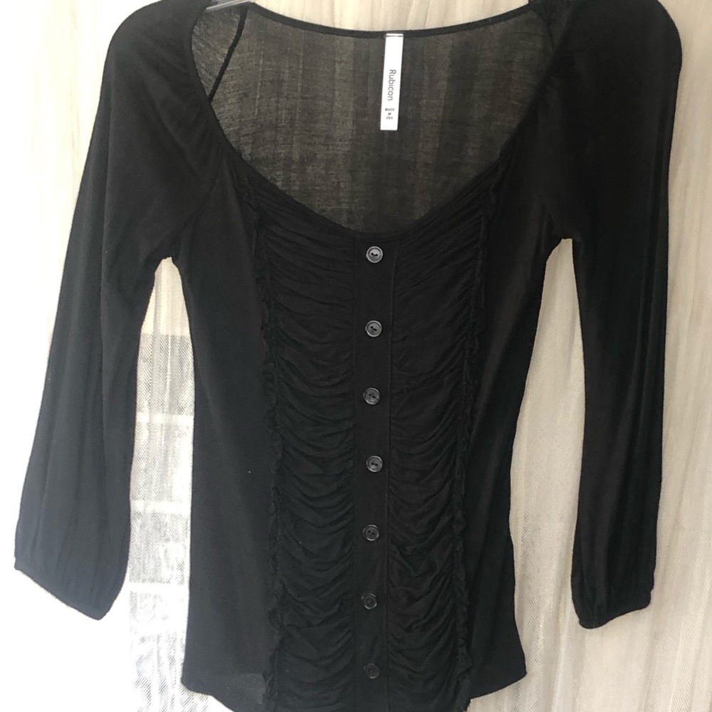 🌞 Rubicon 3/4 sleeve black tuxedo pleated top. Made in USA women Small